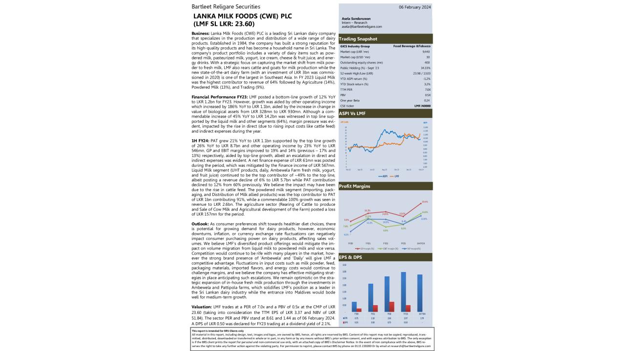 Lanka Milk Foods (CWE) PLC - Company Information Note