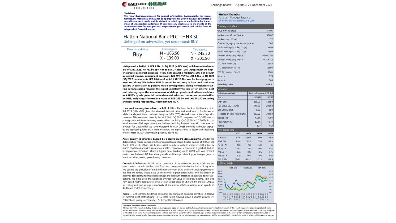 Earnings review - HNB SL - 3Q 2023