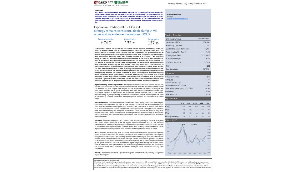 Earnings review -EXPO SL 3Q FY23