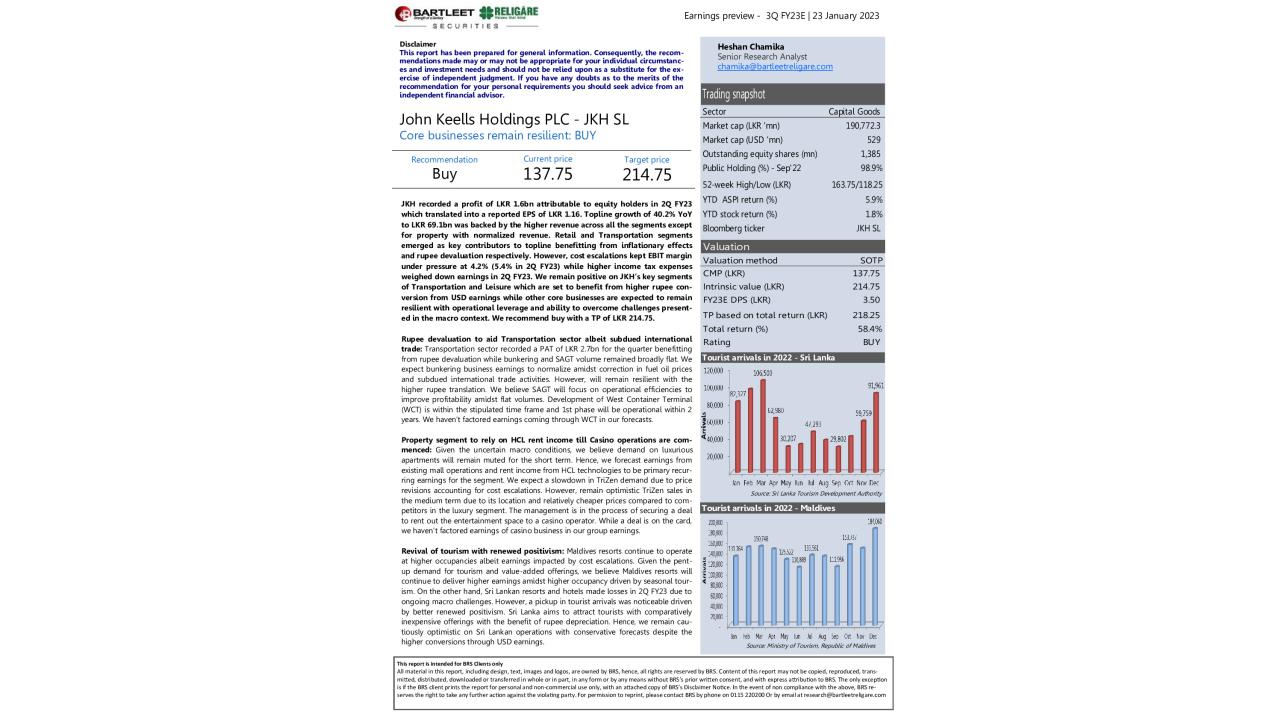 Earnings review -JKH SL - 3Q FY23E