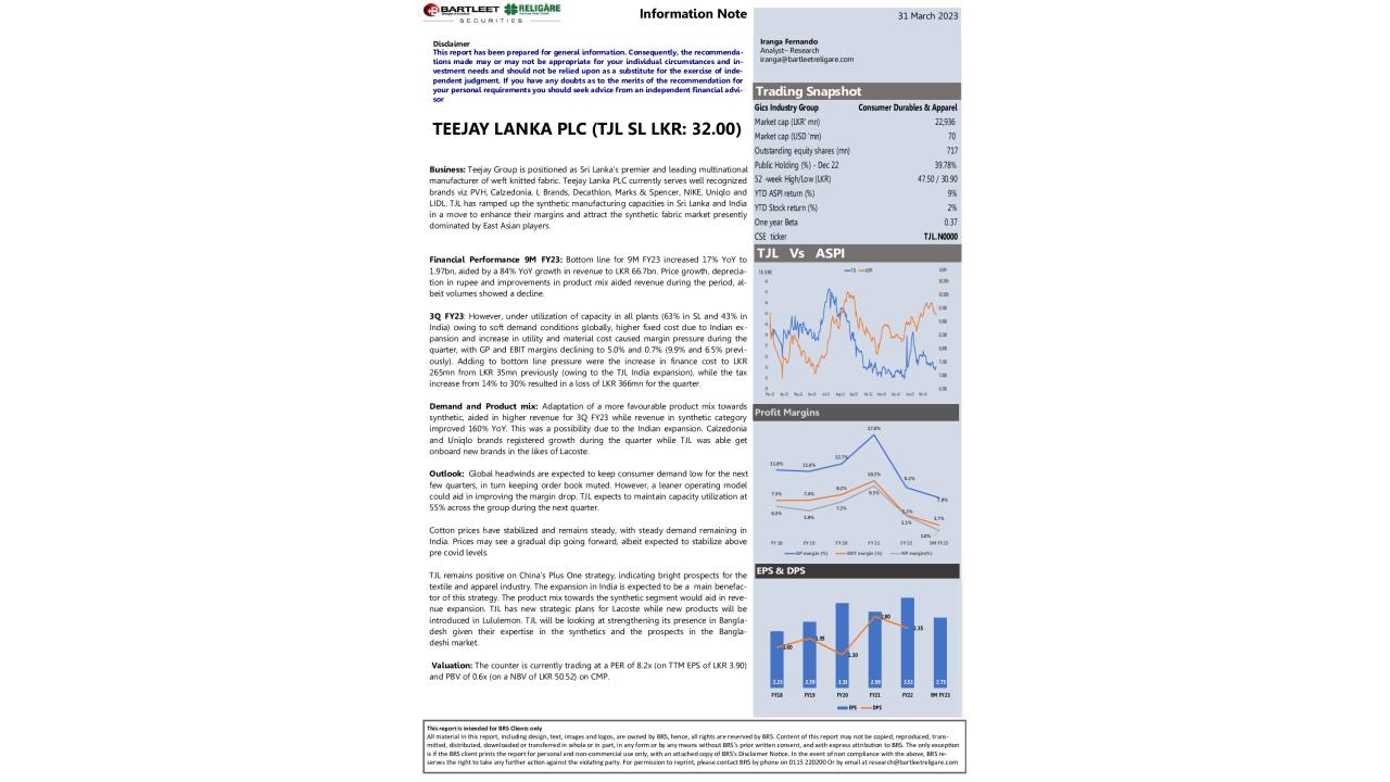 Company Information Note  - TEEJAY LANKA PLC